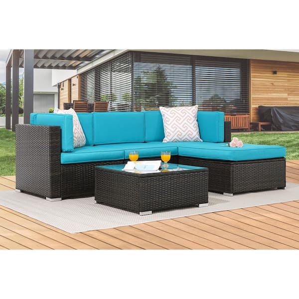 Sonkuki 5-Piece Wicker Patio Conversation Sectional Seating Set with Lake Blue Cushions