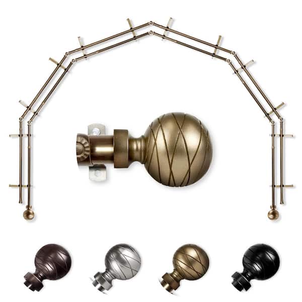 EMOH 13/16" Dia Adjustable 6-Sided Double Bay Window Curtain Rod 28 to 48" (each side) with Yesenia Finials in Antique Brass