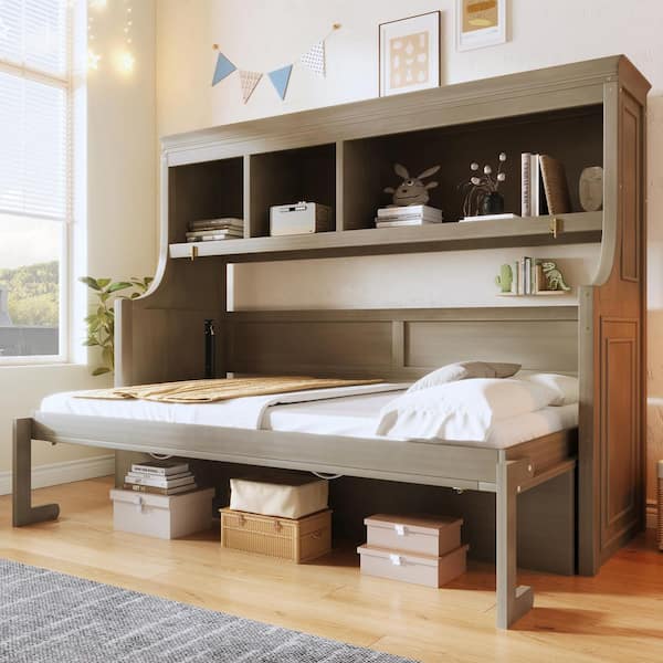 Gray Wood Frame Twin Murphy Bed with Desk, Storage Shelves