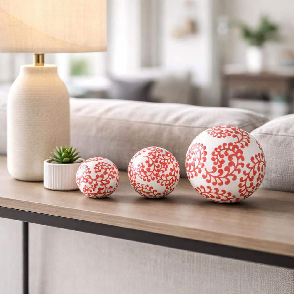 Liv & Skye White Red 4/5/6 in. Ceramic Fern Decorative Orbs (Set