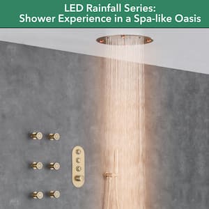 Luxury 5-Spray Thermostatic Shower Head 16 in. Round Ceiling Fixed and Handheld Shower Head and 6-Jet in Brushed Gold