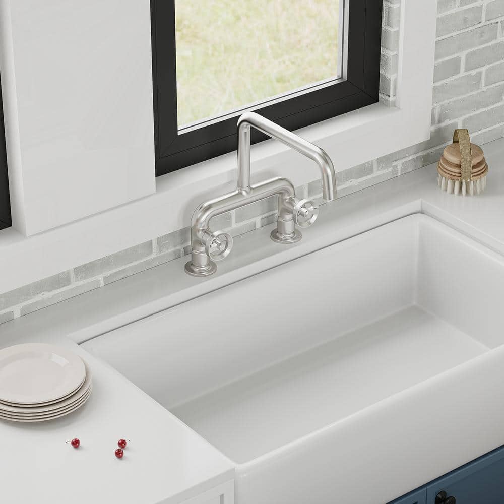 Brushed Nickel Double Handle Deck Mount Kitchen Faucet with 360° Swivel Spout