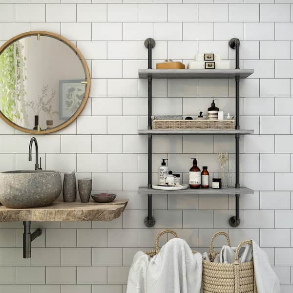 Woodsboro 9.45 in. x 31.5 in. x 55.87 in. Vintage Gray Oak 3-Shelf Decorative Wall Shelf