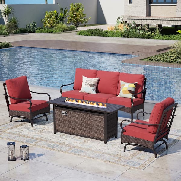 PHI VILLA Brown Rattan 4-Piece 5 Seat Metal Outdoor Patio Conversation Set with Red Cushions, Motion Chairs and Fire Pit Table