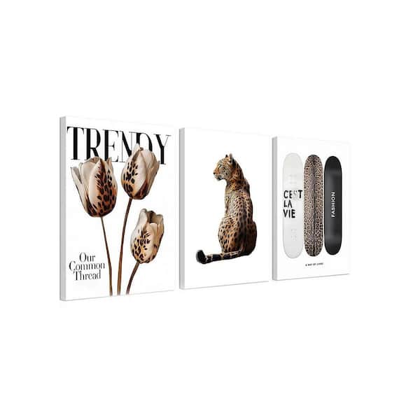 Canvas Wall Art Set of 3 Cheetah Printed Preppy Fashion Skateboard Wall Decor 12x16in Framed