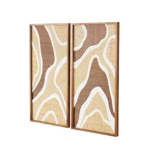 Wood Brown Textured Wavy Abstract Wall Decor with White and Tan Accents Set of 2