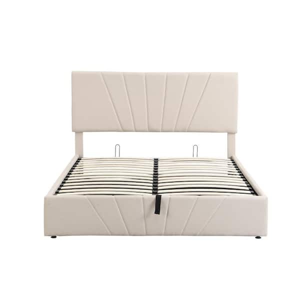 Unbranded 83 in. W Beige Linen Wood Frame Queen Size Platform Bed with a Hydraulic Storage System