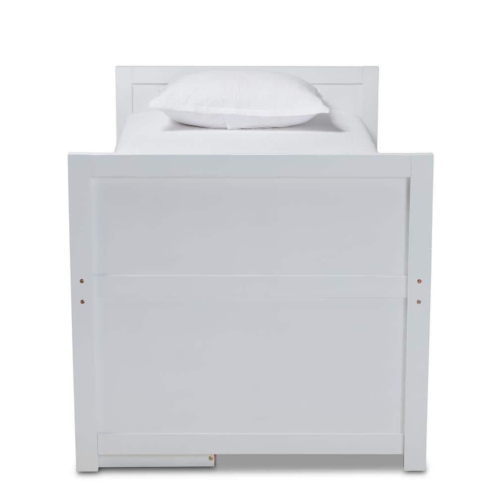 White Twin Wood Frame Storage Bed with Pull-Out Desk