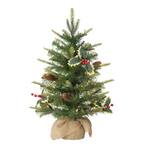 2 ft. Green Pre-Lit Table Top Artificial Christmas Tree with Pine Cones in Tan Sac