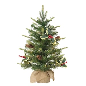 2 ft. Green Pre-Lit Table Top Artificial Christmas Tree with Pine Cones in Tan Sac