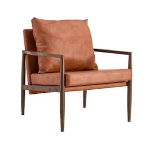 Brown PU Leather Upholstered Armchair with Imitation Solid Wood Walnut Color Metal Frame, Thick Backrest & Seat Cushion