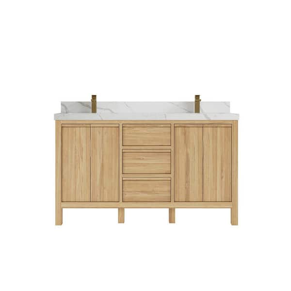 Willow Collections Elizabeth 60 in. W x 22 in. D x 36 in. H Double Sink Bath Vanity in Natural with 2" Calacatta Quartz Top