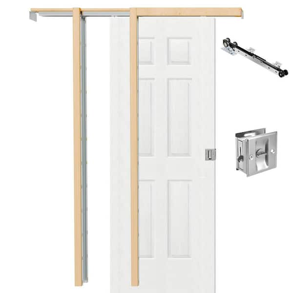30 in. x 80 in. 6-Panel Hollow Core White Primed Pine Wood Sliding Pocket Door with Lock, Soft Close and Frame Kit Set