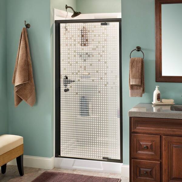 Delta Lyndall 36 in. x 66 in. Semi-Frameless Traditional Pivot Shower Door in Bronze with Mozaic Glass