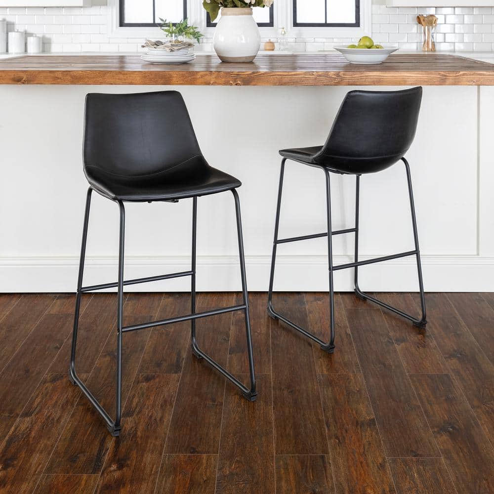 Modern Sleek Black Faux Leather Barstools with Powder-Coated Steel Legs