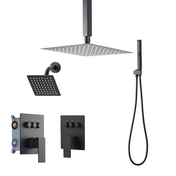 Shower Faucet Set with 10-In. Ceiling Rainfall Shower, and 2-in-1 Handheld Spray, 6-In. Wall-Mounted Head, 3-Spray