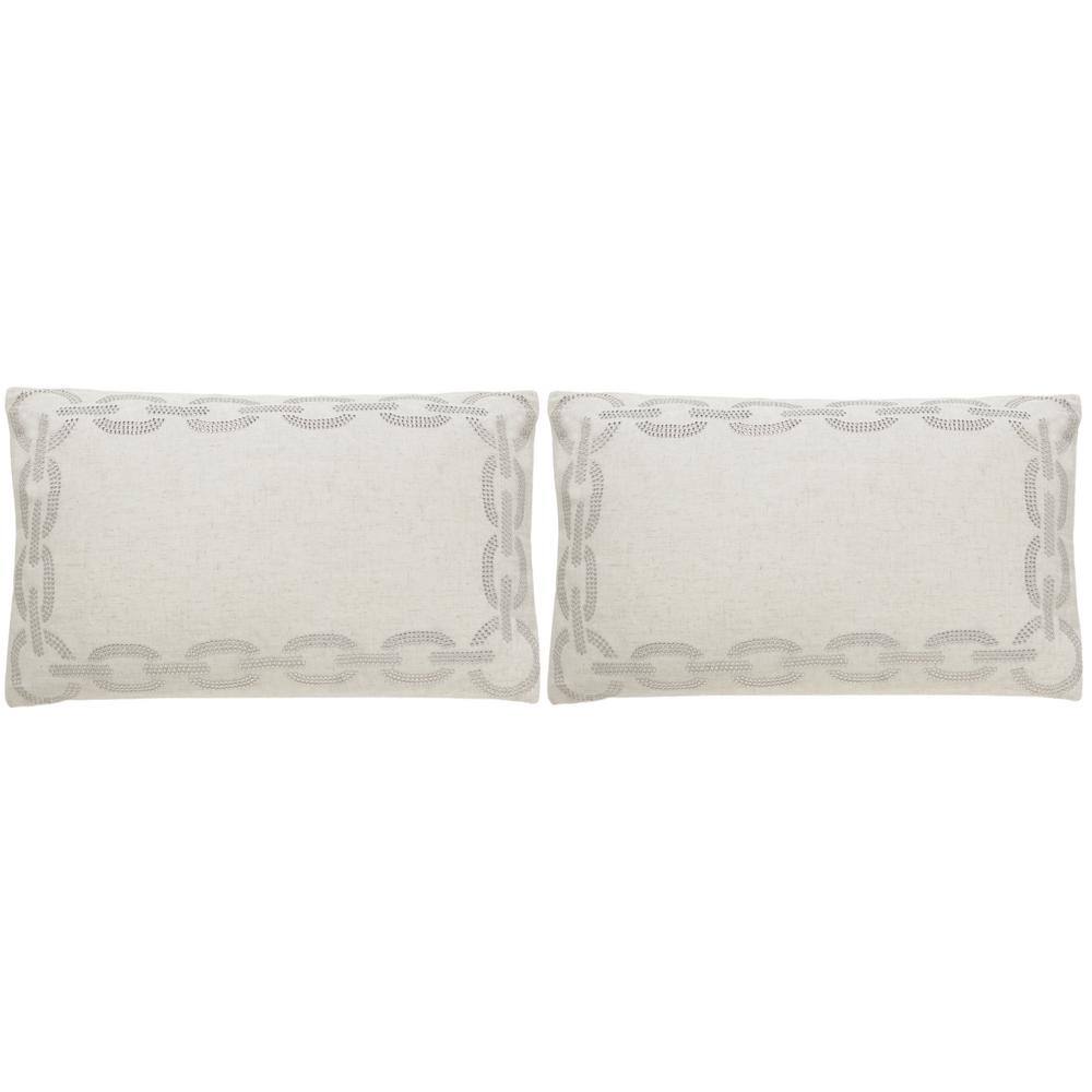 Set of 2 White Rectangular Embroidered Cotton Accent Pillows