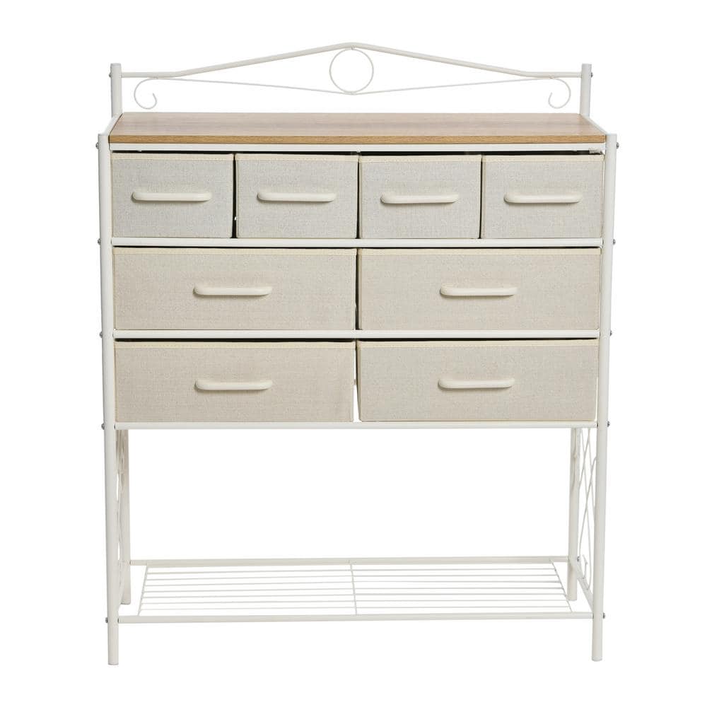 Coastal Oak White Metal Frame 8-Drawer Dresser with Storage Rack