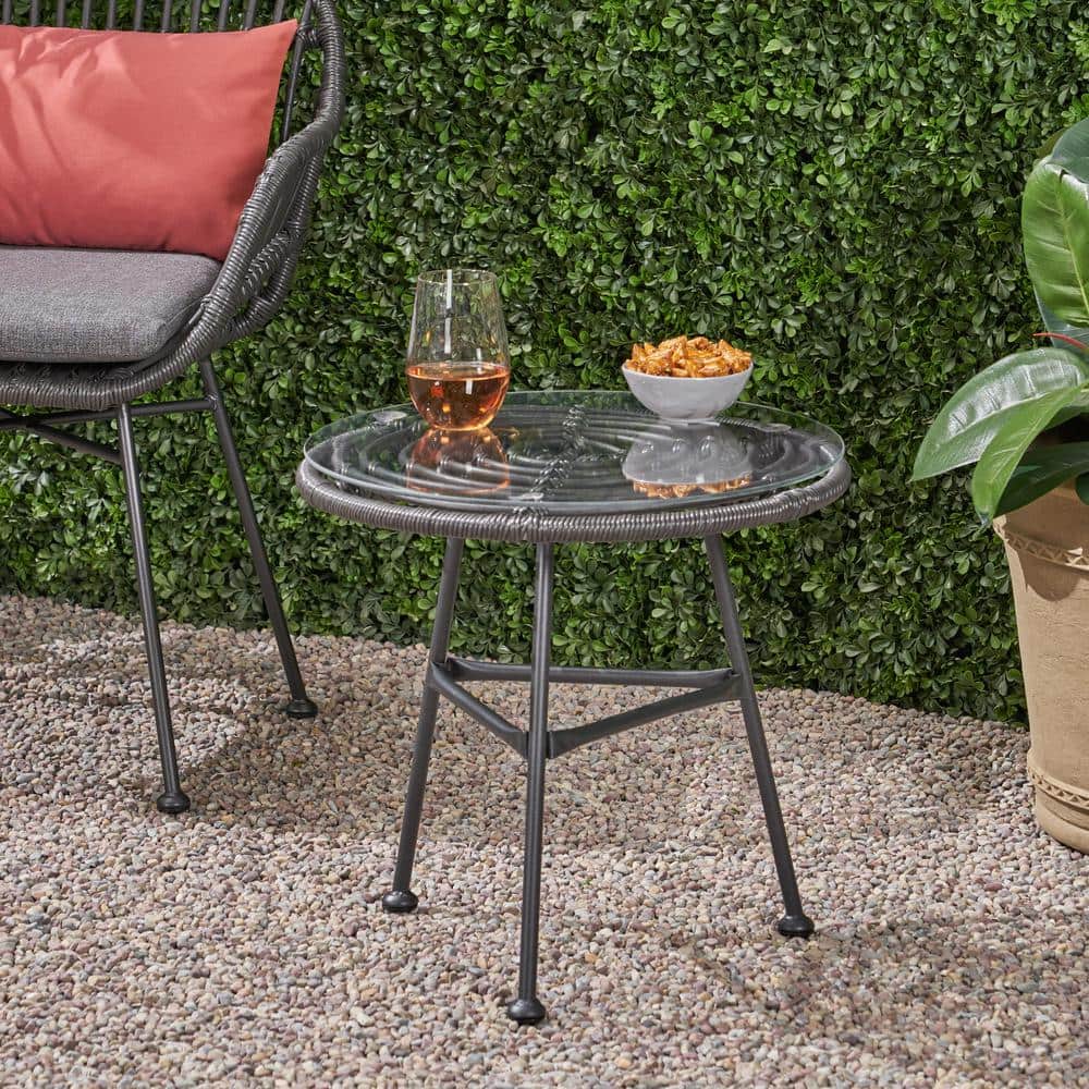 Gray and Black Round Faux Rattan Outdoor Side Table with Tempered Glass Top