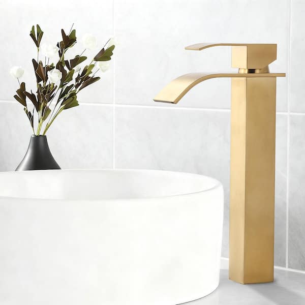 Single Handle Waterfall Single Hole Bathroom Faucet with Drain Kit Included in Brushed Gold