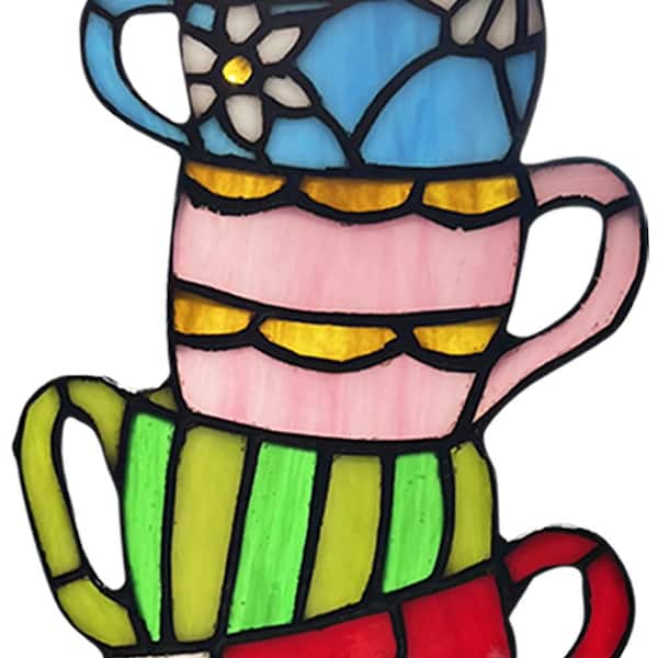 River of Goods Stacked Teacups Stained Glass Window Panel, Pink