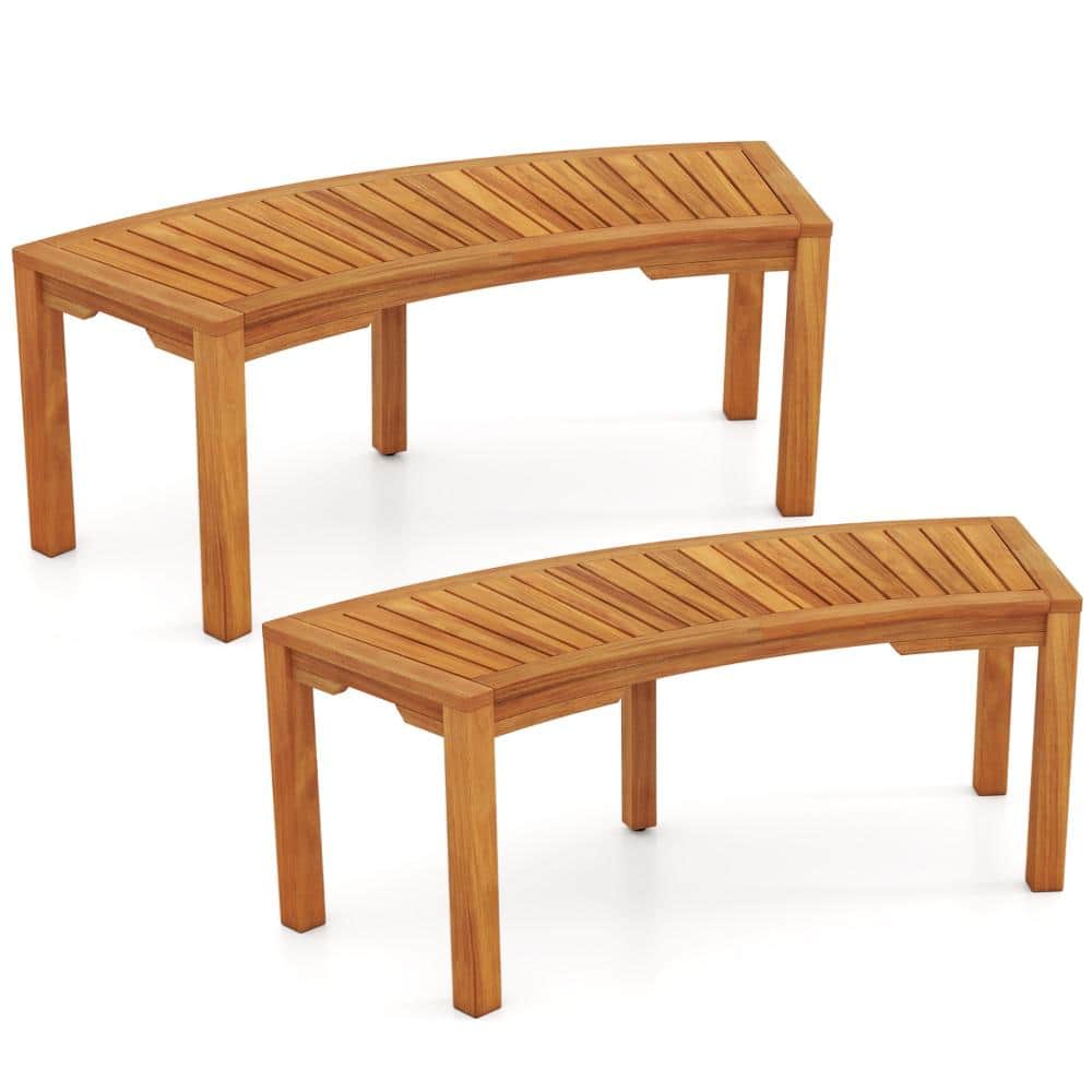 Set of 2 45 in. Curved Acacia Wood Outdoor Garden Benches with 800 lb. Capacity