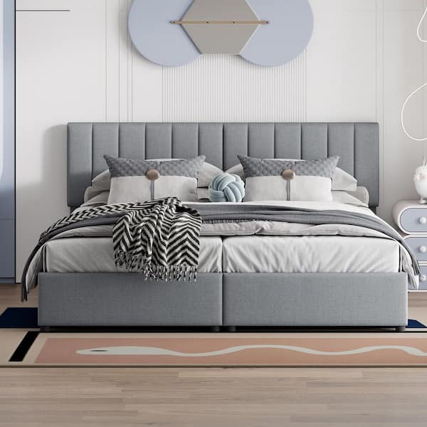 Gray Wood Frame King Platform Bed with a Hydraulic Storage System