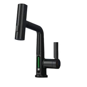 Digital Display Basin Faucet Single Handle Deck Standard Kitchen Faucet with Lift Up Down Stream Sprayer in Black