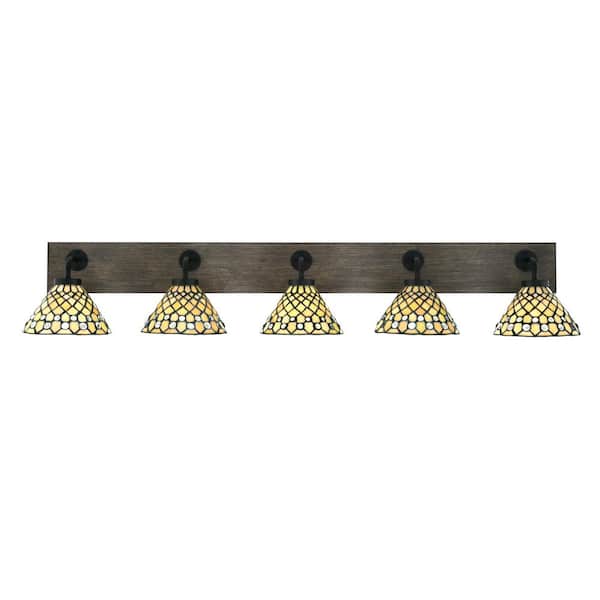 Unbranded Kirby 48 in. 5 Light Black and Painted Distressed Wood-look Vanity Light with 7 in. Art Glass Shades No Bulbs Included