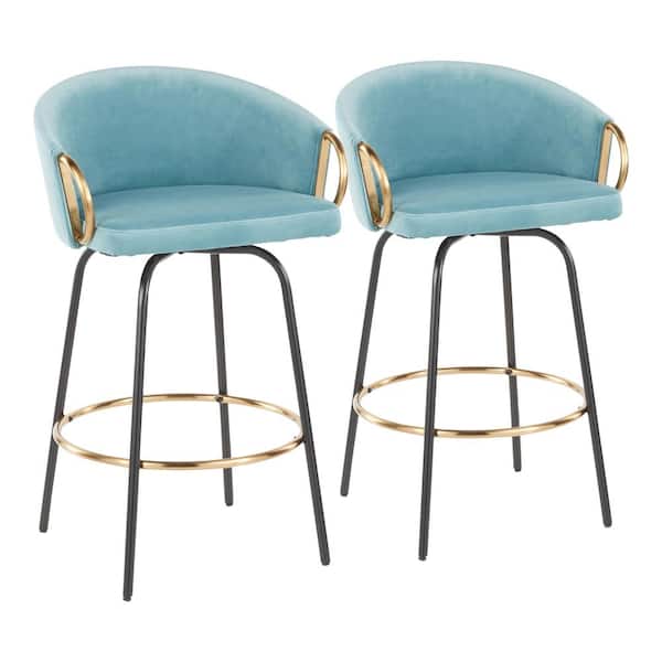 Lumisource Claire 34.5 in. Counter Height Bar Stool in Light Blue Velvet and Black Metal (Set of 2)