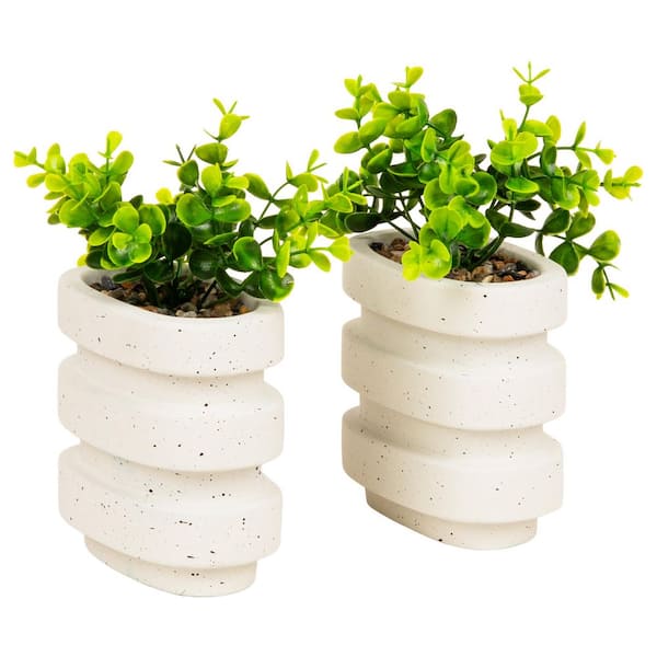 Ribbed Cement Planter Bookends, Faux Greenery for Shelves and Desk Decor, Set of 2, White