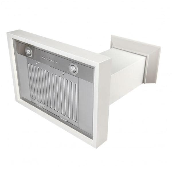 36" Cottage White Wood Wall Mount Range Hood with Stainless Steel Insert
