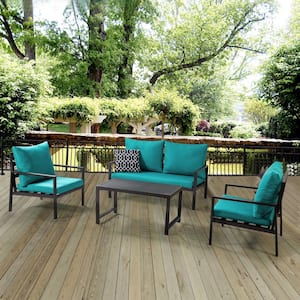 Aluminum Outdoor Patio Conversation Set 4-Piece Sofa Sets with Cushions in Teal
