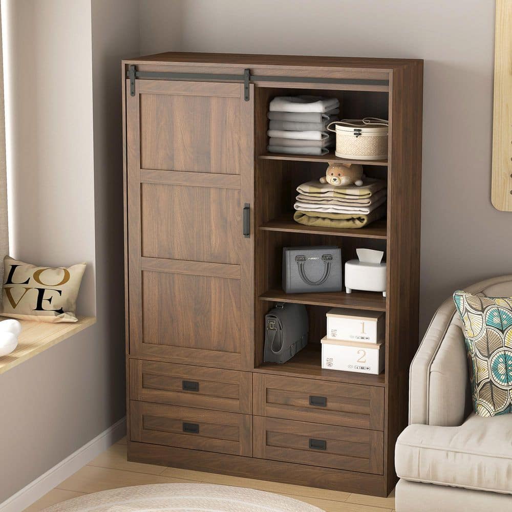 Mighty Brown 70.86 in. Tall Bedroom Closet Clothing Storage Cabinet with Hanging Rod Barn Door, Drawers, Shelves