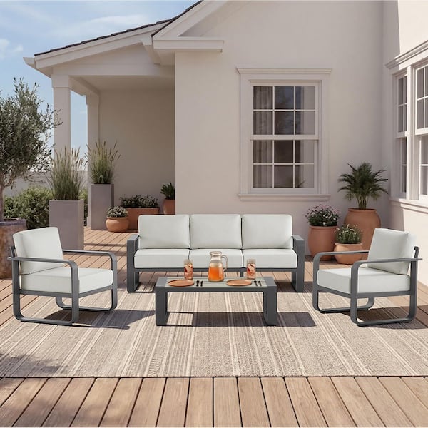Sebastian Gray 4-Piece Aluminum Patio Conversation Set with Plush Fabric 6.3 in. Cushion,Rust-resistant,Weatherproof