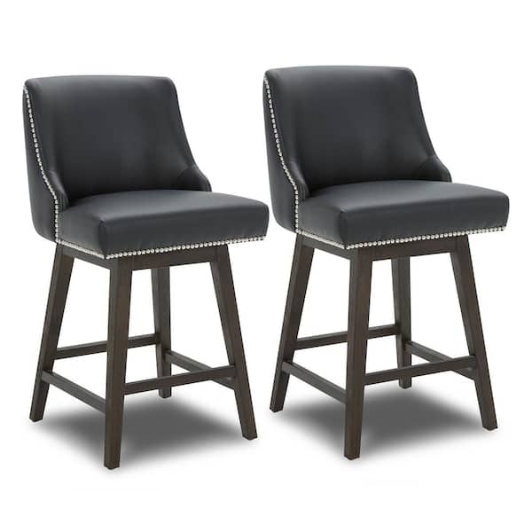 Spruce & Spring Martin 26 in. Black High Back Solid Wood Frame Swivel Counter Height Bar Stool with Faux Leather Seat(Set of 2)