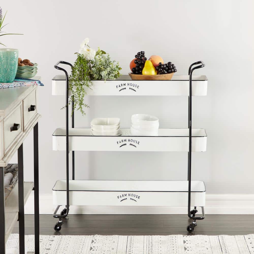 White Metal Rolling Utility Cart with Black Accents and Farmhouse Design