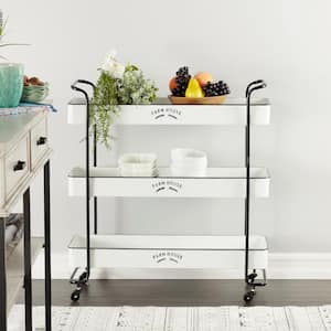 35 in. White Rolling 3 Shelves Kitchen Storage Cart with Black Accents and Farm House Design