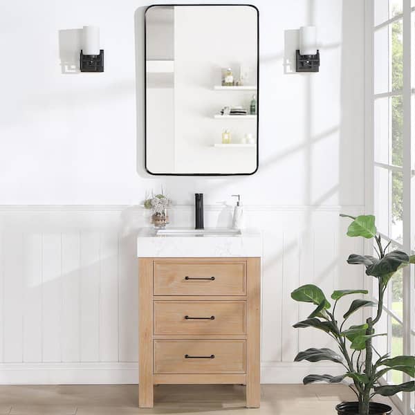 ROSWELL León 24 in.W x 22 in.D x 34 in.H Single Sink Bath Vanity in Fir Wood Brown with White Composite Stone Top and Mirror