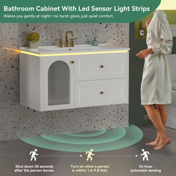 36 in. Floating White Bath Vanity with White Ceramic Top Unassembled, Sensor Light with Built-in Outlet