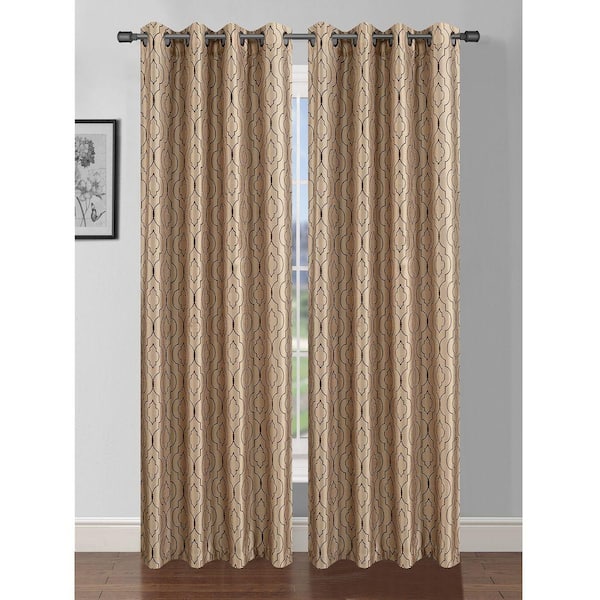 Window Elements Taupe/Chocolate Trellis Faux Silk Grommet Room Darkening Curtain - 38 in. W x 84 in. L (Set of 2)