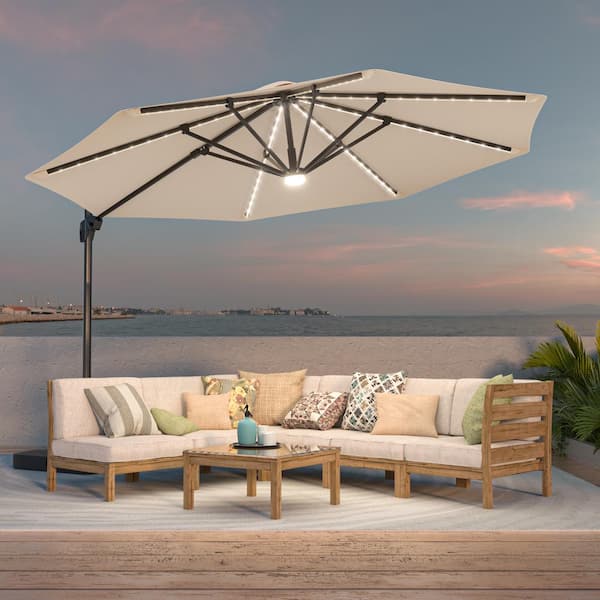 11 ft. LED Outdoor Cantilever Patio Umbrella with a Base and 360° Rotation and Infinite Canopy Angle Adjustment Sand