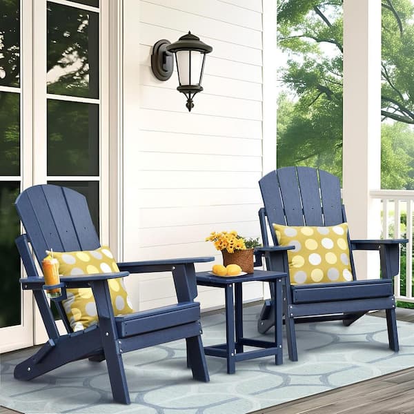 AUTMOON Blue Folding Adirondack Chairs Set of 3, HDPE Weather Resistant Outdoor Firepit Chairs with Cup Holder and Table