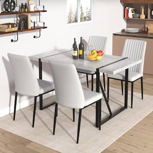 5-Piece Rectangle Gray MDF Faux Marble Top Dining Table Set Seats 4 with 4 White PU Upholstered Chairs