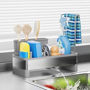 Gray Stainless Steel Sink Caddy with Brush Holder Dishcloth Rack, Soap Dispenser Storage, Sponge Holder for Kitchen