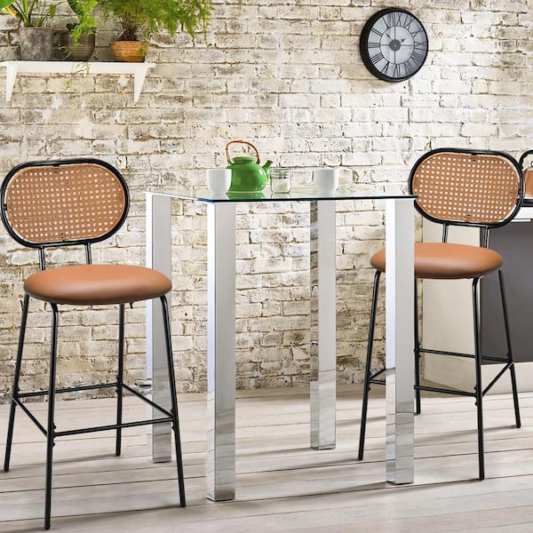 Costway 29.5 in. Brown Low Back Metal Bar Stools Faux Leather Bar Height Kitchen Chairs with Rattan Back Set of 2