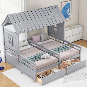 Gray Wood Frame Twin Size Platform Bed with 2-Drawers for Boy and Girl, Combination of 2 Side by Side Twin Size Beds