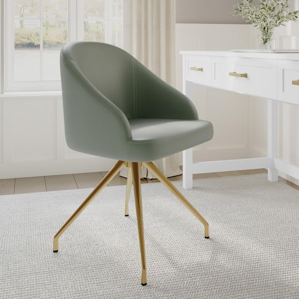 Sora Leather Cushioned Ergonomic Stationary Office Chair in Sage Faux Leather/Polished Brass Frame Brass with Arms