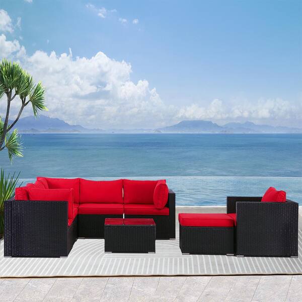 Cesicia Black 8-Piece Wicker Patio Conversation Set with Red Cushions