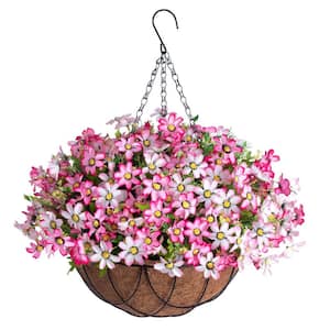 19 .7 in. Pink Artificial Hanging Flowers Outdoors Indoors, Fake Silk Daisies in Basket